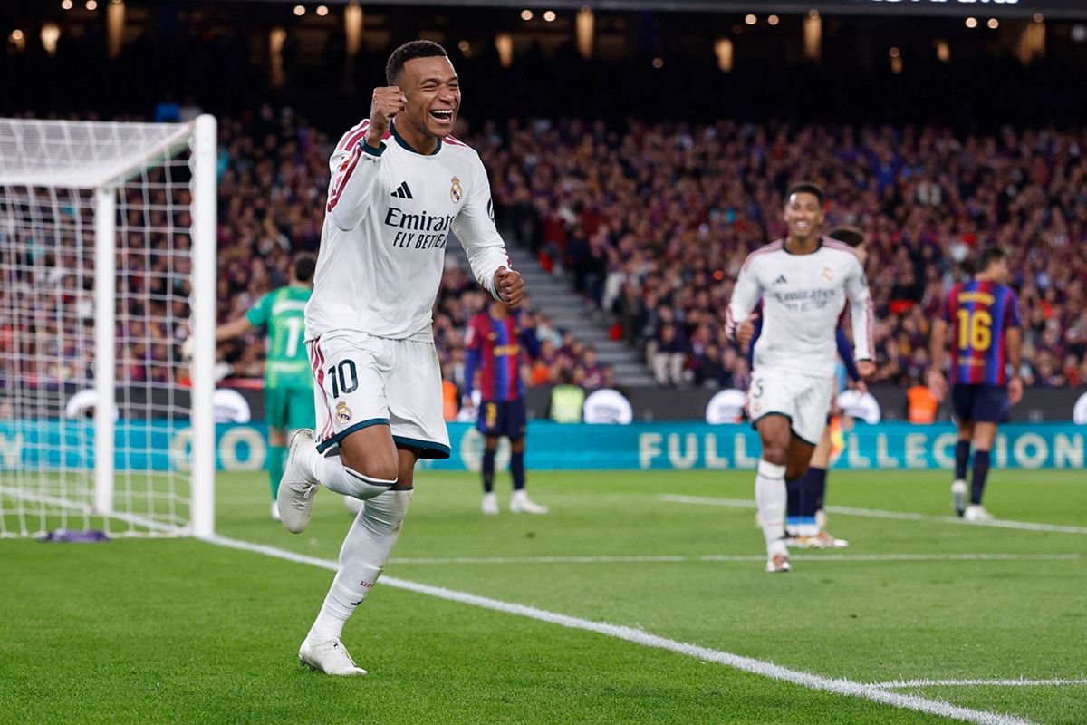 Kylian Mbappe celebrates a goal for Real Madrid at Camp Nou in October 2026