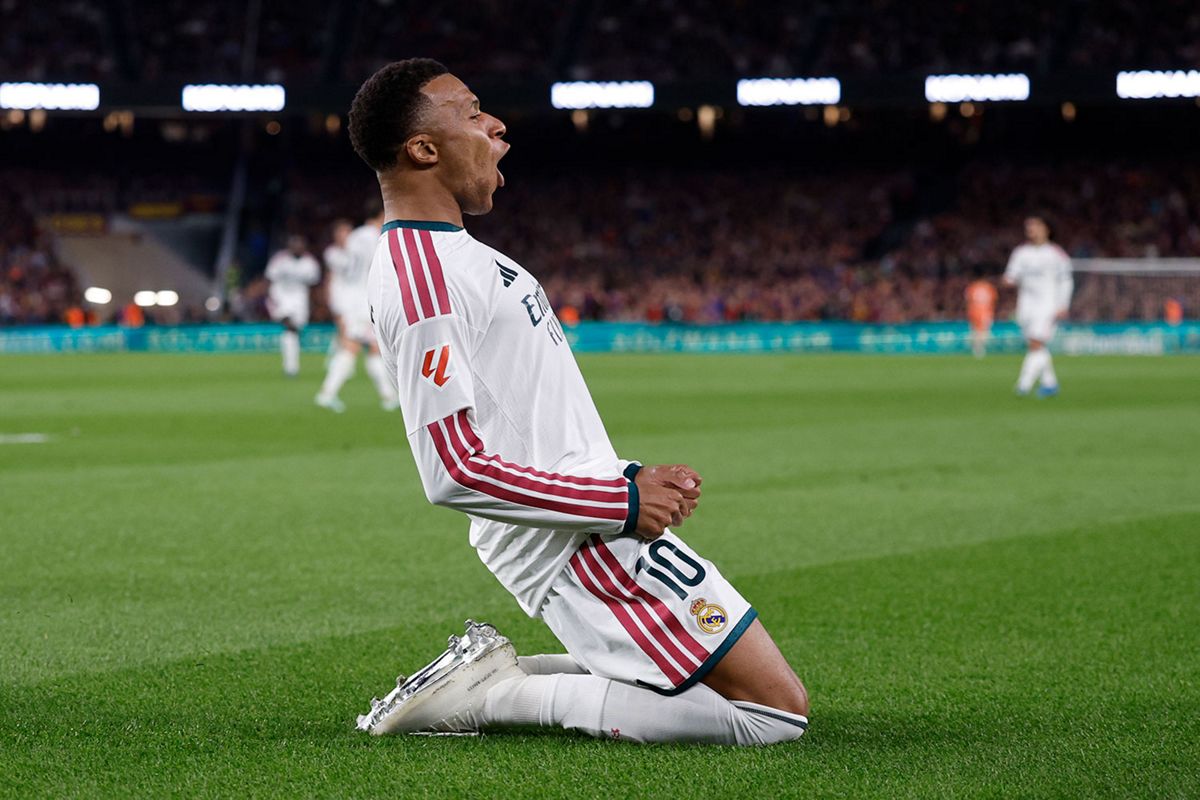 Kylian Mbappe knee-slide celebration after scoring at Barcelona in October 2026